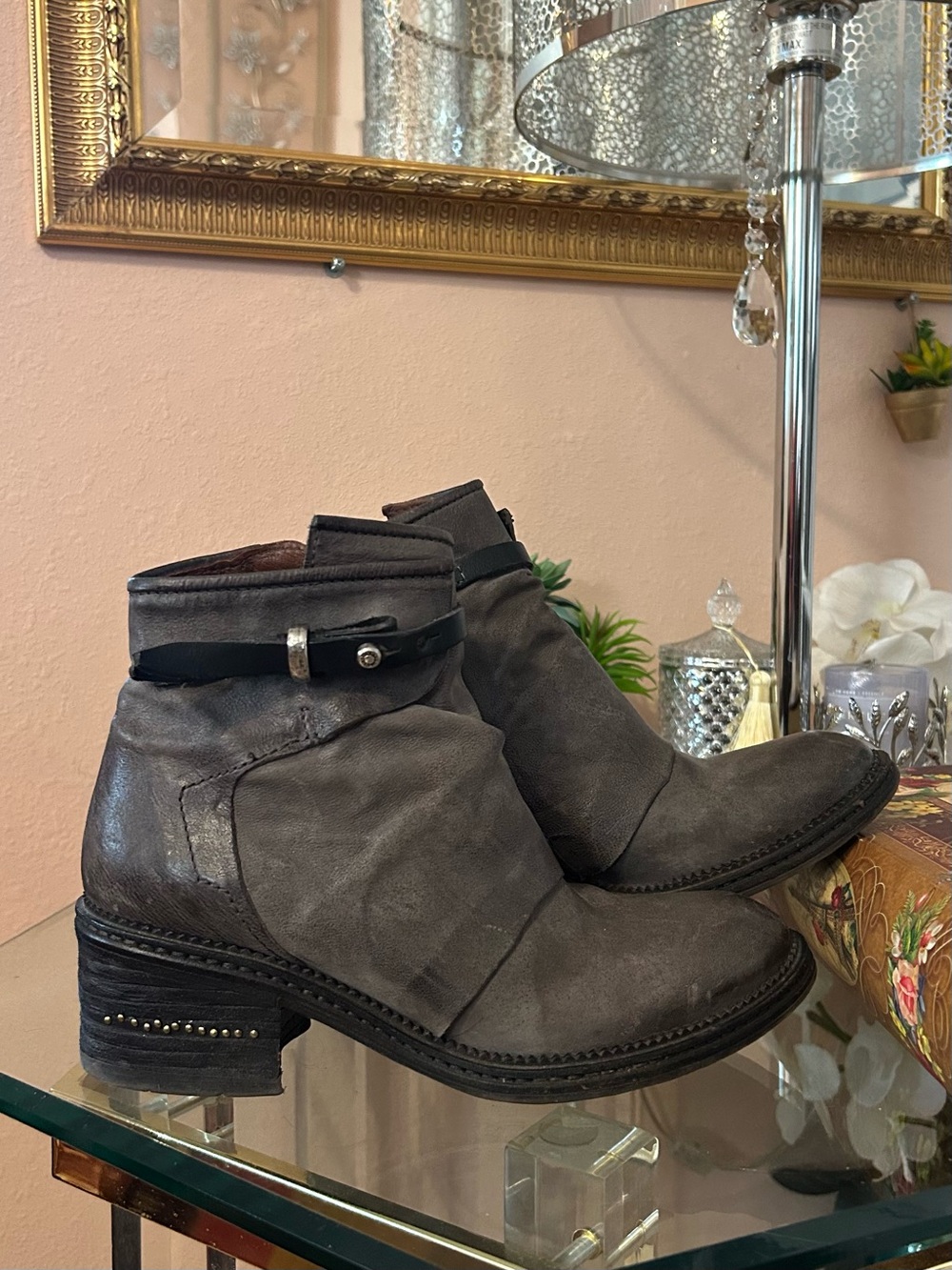 A.S.98 Distressed Gray Leather Moto Ankle Boots with Decorative Strap Size 39